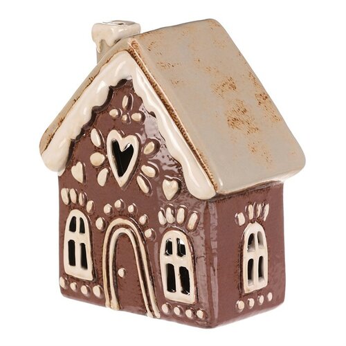 Karácsonyi dekoráció mézeskalács házikó Szív teagyertya, kerámia, lila