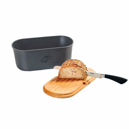 Kesper 85093 Brotkasten mit Schneidebrett, grau, 34 x 14 x 18 cm