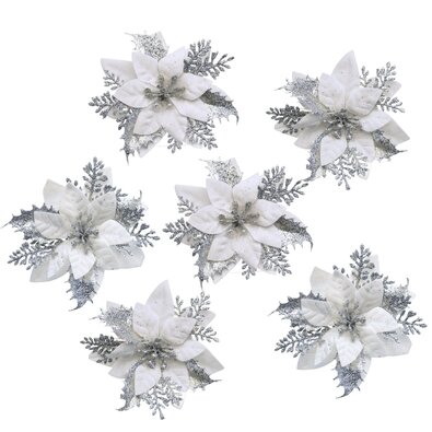 Різдвяна прикраса Poinsettia з затискачем  срібляста, набір з 6 штук