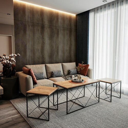 Couchtisch-Set Defne Black and Atlantic Pine, 3 Stück