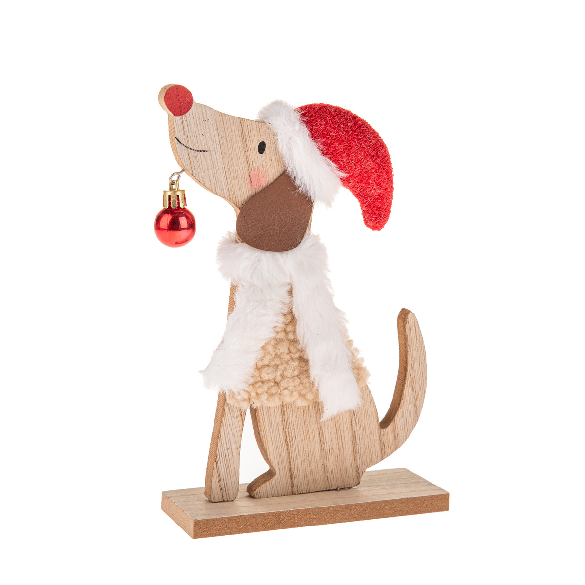 Vianočná dekorácia Drevený pes s čiapkou, 21 cm