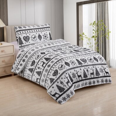 Posteljnina iz mikroplyša Božič sivo-bela, 140 x200 cm, 70 x 90 cm