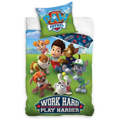 Lenjerie de pat din bumbac pentru copii Paw Patrol Work Hard Play Harder, 140 x 200 cm, 70 x 90 cm