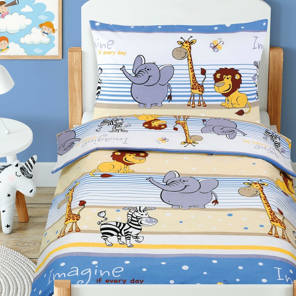 Lenjerie de pat copii, din bumbac, BeátaSafari albastru, 100 x 135 cm, 45 x 60 cm 100