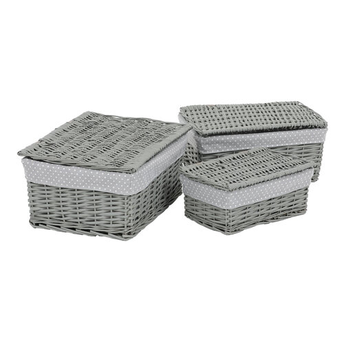 Set aus Weidenkörben mit Deckel Grey Dot, 3 Stück, 3 Größen, 49 x 22 x 35 cm