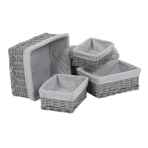 Weidenkörben-Set mit Stoff Grauer Punkt, 5 Stück, 5 Größen, 48 x 18 x 37 cm