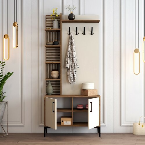 Vešiak s botníkom a policami Viyana Walnut and Cream