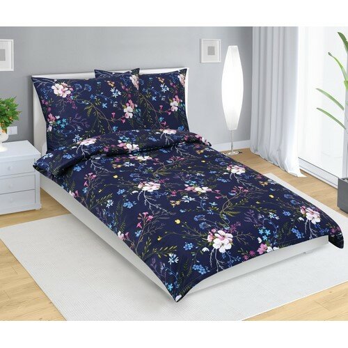 Bellatex Pościel bawełniana Kwiat jabłoni ciemnoniebieski, 140 x 200 cm, 70 x 90 cm