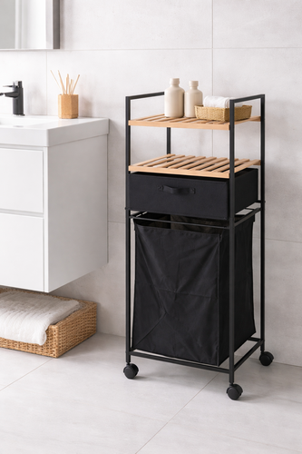 Badezimmerregal Tromso, 2 Ablagen + Korb, 38,8 x 109 x 32,5 cm