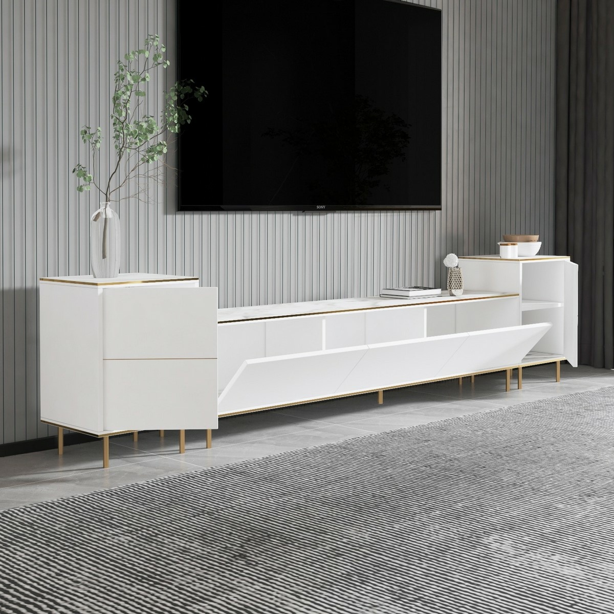 Televízny stolík so skrinkami Imej White Marble and Gold