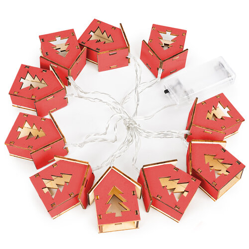 Házak fával karácsonyi LED dekoráció, piros, 150 cm