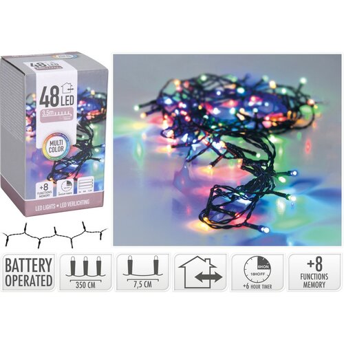 Łańcuch świąteczny zewnętrzny LED kolorowy, 48x LED, 3,5 m, 3x baterie AA, wyłącznik czasowy