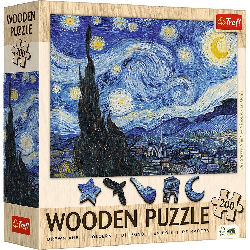 Trefl Dřevěné puzzle 200 - Hvězdná noc - Vincent van Gogh