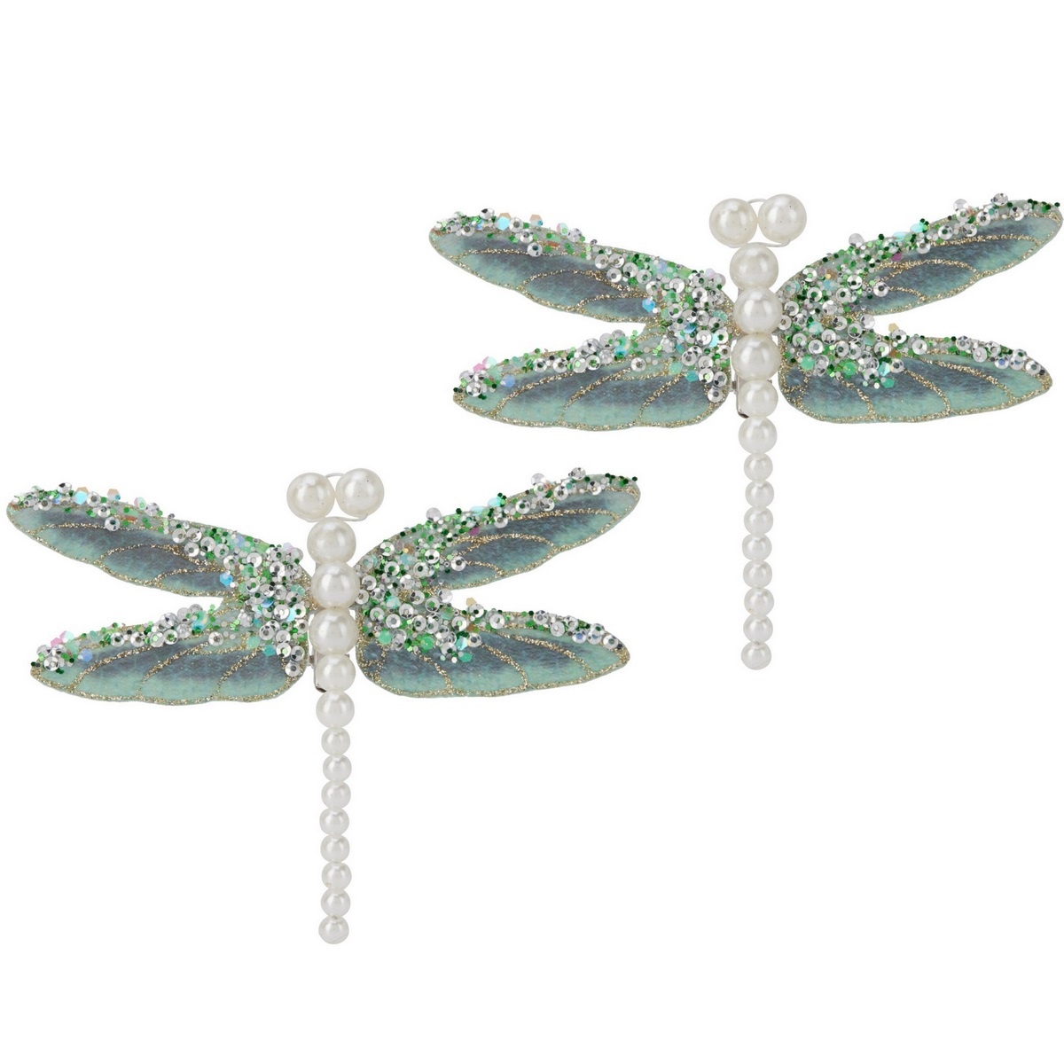 Set vianočných ozdôb Vážka, zelená, 13x9x1,5 cm, s klipom, SET 2 ks