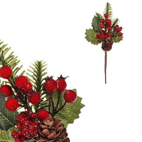 Zestaw gałązek z szyszkami i jagodami, 3 szt., czerwony, 24 cm
