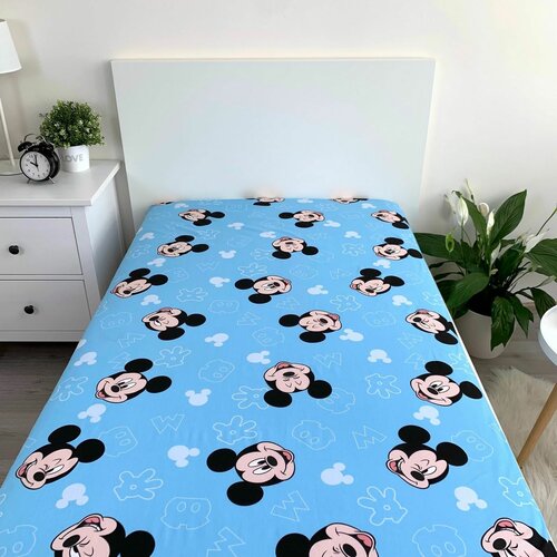 Jerry Fabrics Leinenlaken mit Gummizug Mickey Blue 02, 90 x 200 cm + 25 cm