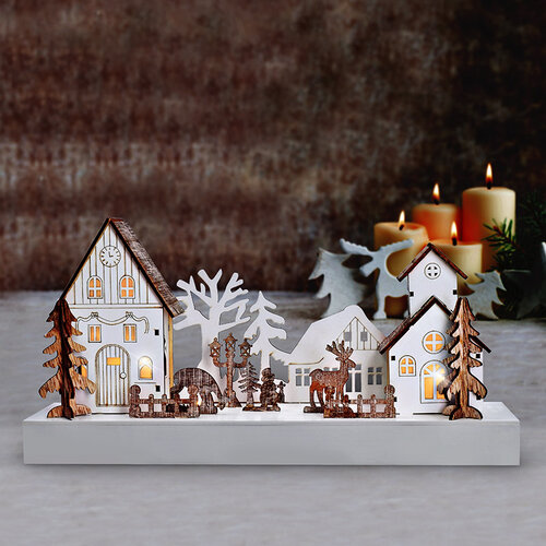 Solight LED karácsonyi falu, 34 x 17 cm, fa, 4 LED, 2x AA