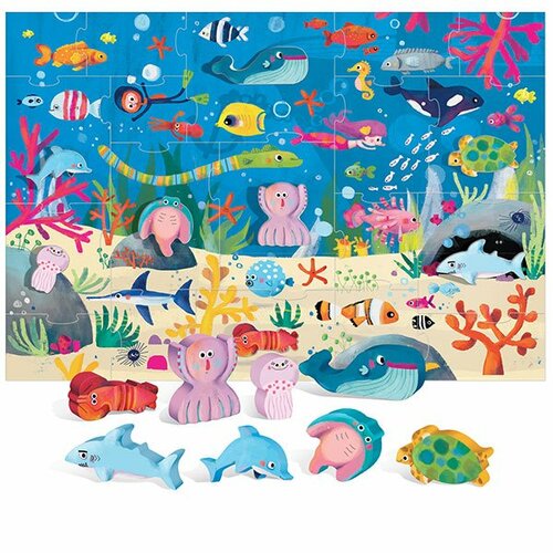 Headu Puzzle Mořský svět s 8 dřevěnými vkládacími figurkami (Montessori)