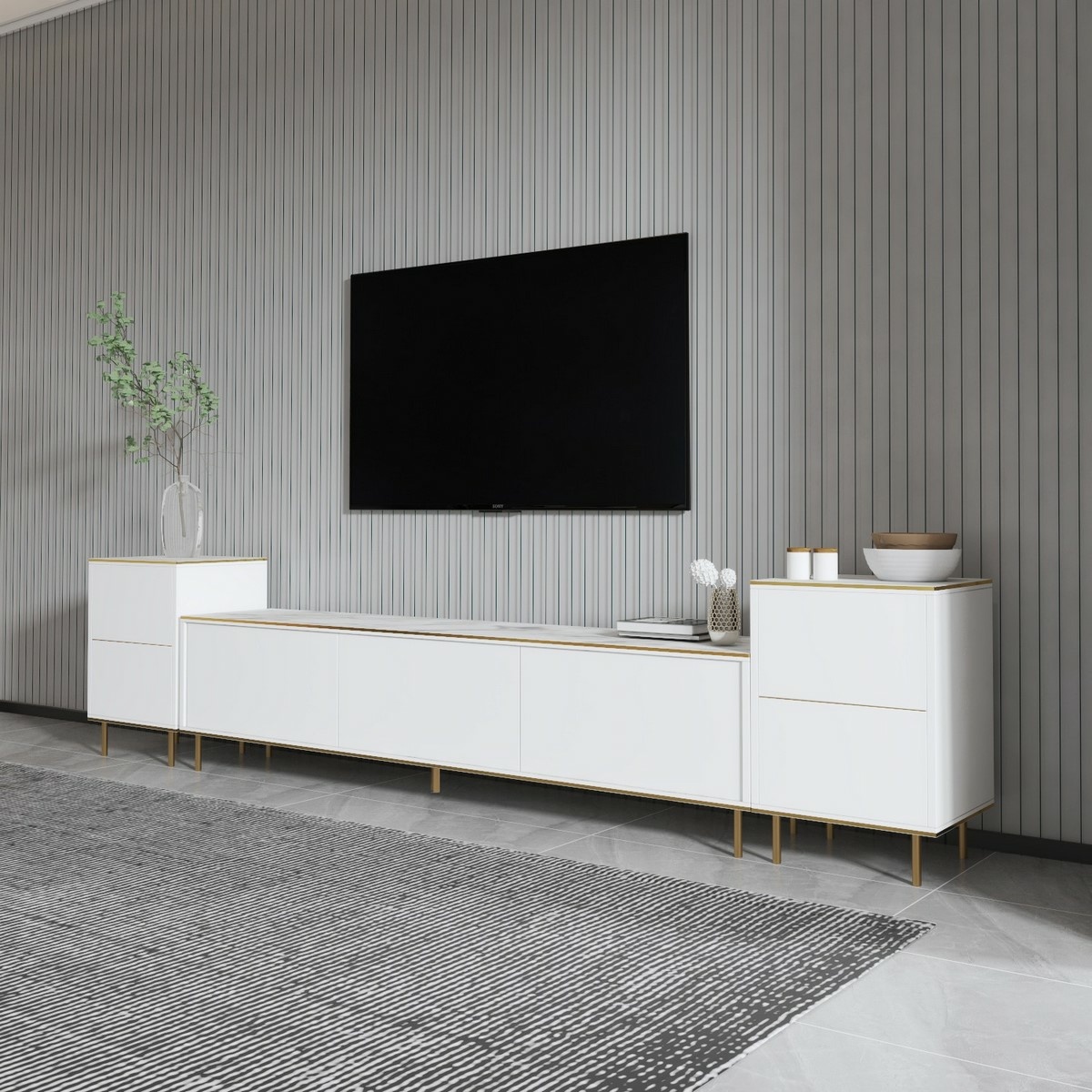 Televízny stolík so skrinkami Imej White Marble and Gold