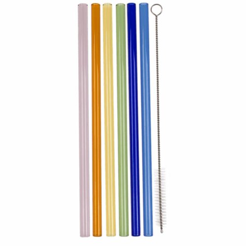 Set of glass colored straws with brush, 6 pcs