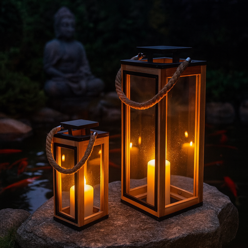Set of 2 square wooden lanterns