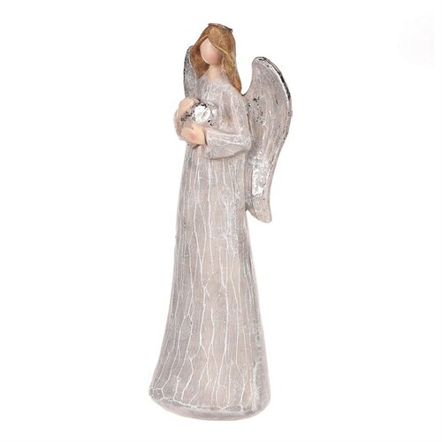 Dekorácia Anjel so striebornými krídlami a srdcom, polyresin, sivá