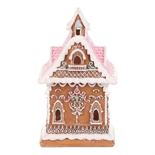 Vianočná dekorácia Perníková chalúpka s ružovou strechou, polyresin, LED, hnedá
