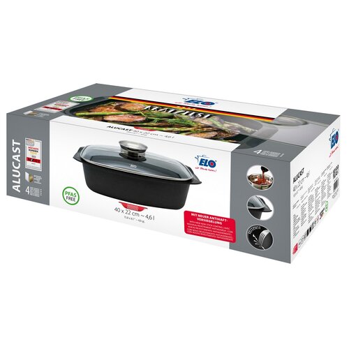 Elo 84932 Posoda za peko s steklenim pokrovom inaromatičnim ročajem Alucast 40 x 22 cm