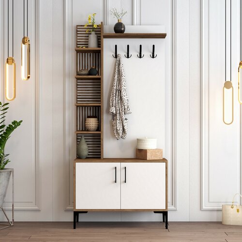 Cuier cu dulap pentru pantofi și rafturi ViyanaWalnut and White