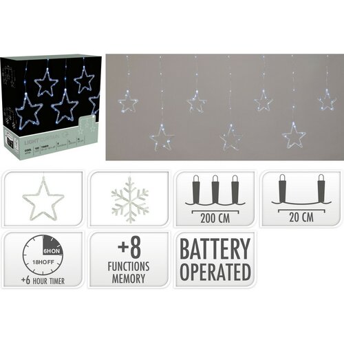Kurtyna świetlna zewnętrzna Snowflakes, 200 x 60 cm, LED zimna biała timer, 8 funkcji, na baterie