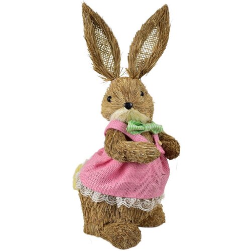 Velikonočni slamnati zajček v roza obleki, naraven, 39 cm