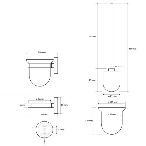 Perie de toaletă SAPHO XS301 X-Steel de perete,din oțel inoxidabil periat