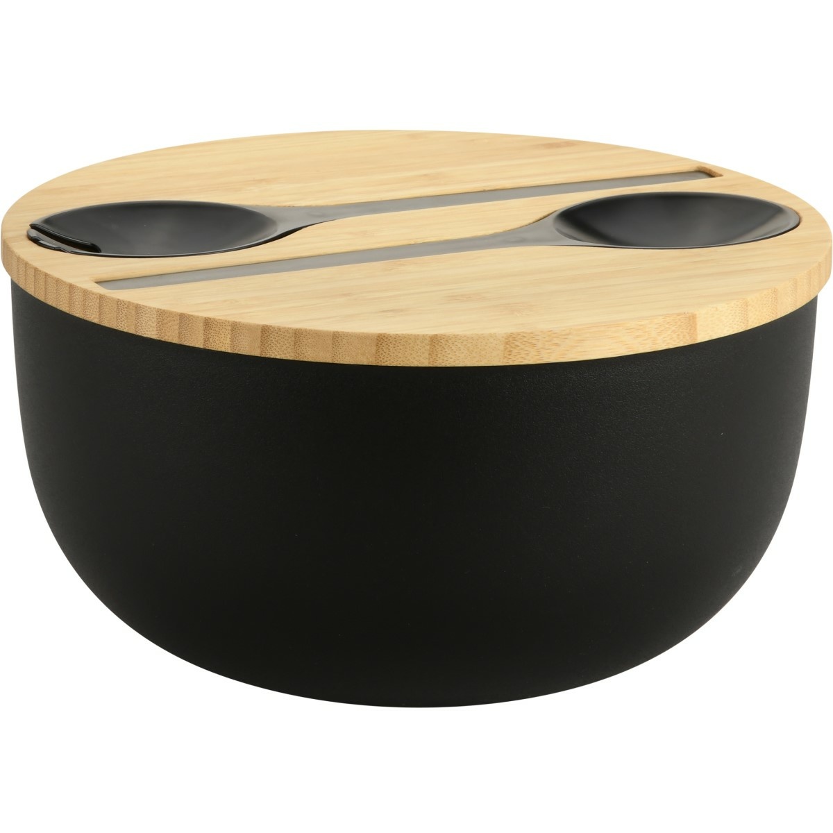 Kesper 58470 Miska sałatkowa z sztućcami ibambusową pokrywką 24 cm, czarna