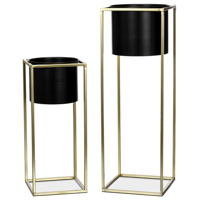 Set ghivece metalice Golden, cu stativ, negru