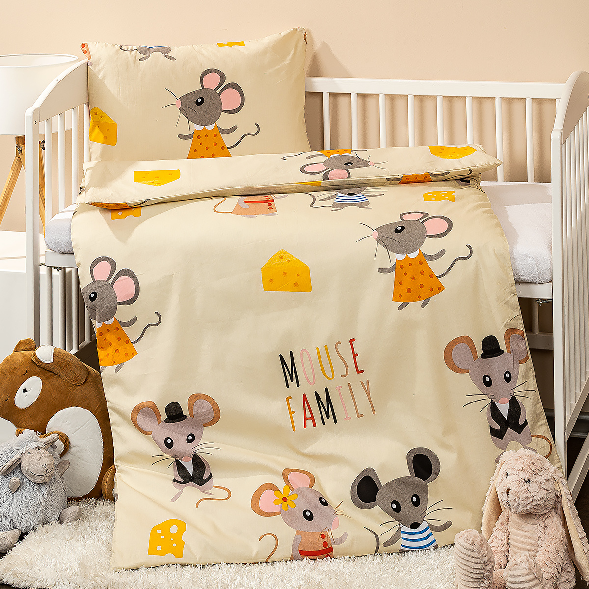 4home Detské bavlnené obliečky do postieľky Little mouse, oranžová, 100 x 135 cm, 40 x 60 cm