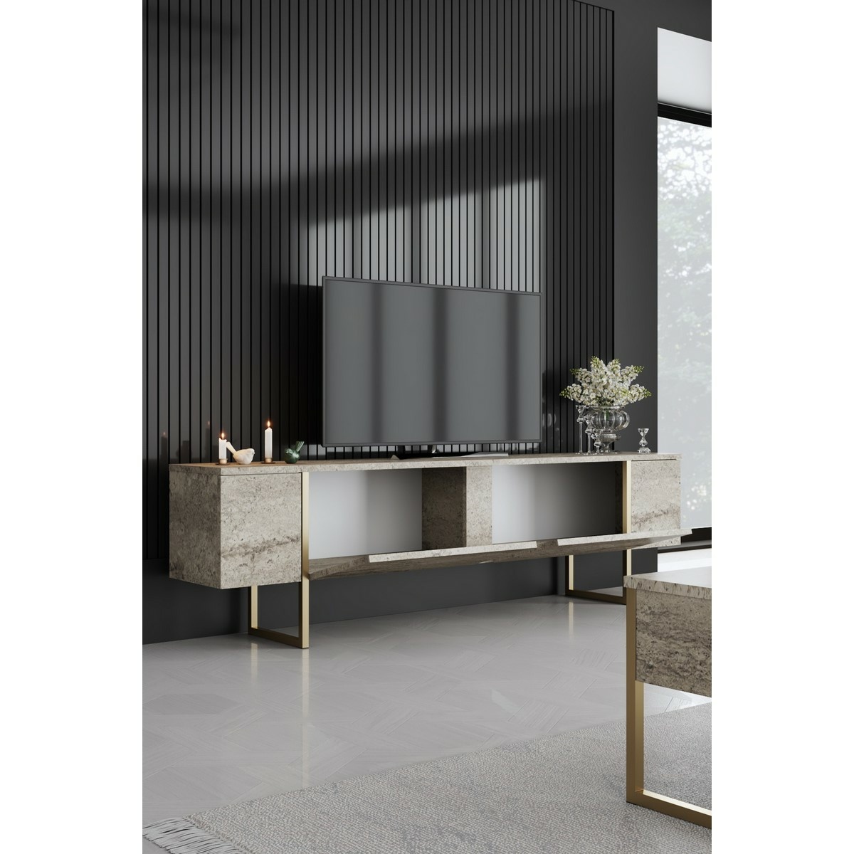 Televízny stolík Luxe Travertine and Gold