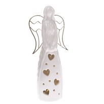 Suport de lumânare din porțelan cu baterii Îngercu inimioare alb, 8 x 19,5 cm