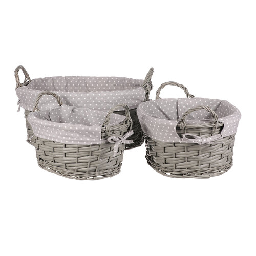 Weidenkörben-Set mit Stoff Grauer Punkt, 3 St., 3 Größen, 39 x 22 x 31 cm