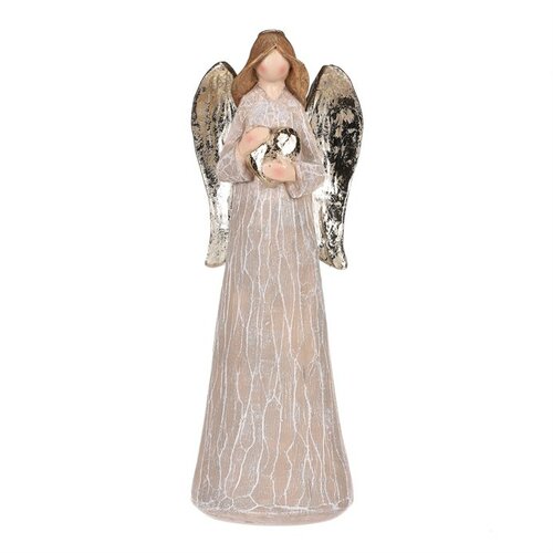 Okrasni angel z zlatimi krili in srcem, poliresin,rjav