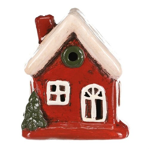 Vánoční dekorace keramický domek s bílou střechou, LED, červená