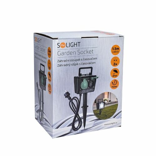 Solight PG03 Zahradní sloupek IP44, 2 zásuvky + časový spínač, gumový kabel 1,5 m