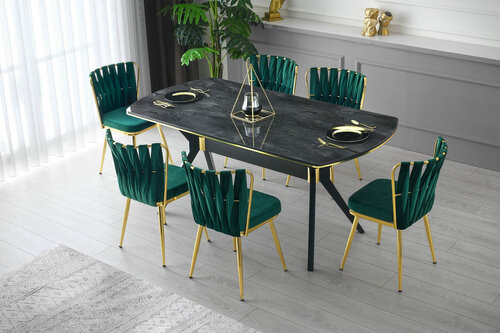 Esszimmerstuhl-Set Kusakli Green and Gold, 2 Stück