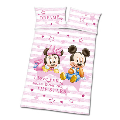 Povlečení do dětské postýlky Mickey a Minnie růžová, 135 x 100 cm, 40 x 60 cm
