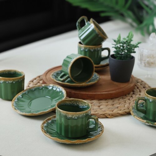 Set of 6 ceramic cups with saucers Elementa 185ml, green