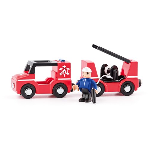 Woody Tűzoltóautó tűzoltó babával a vasúti pályára, piros