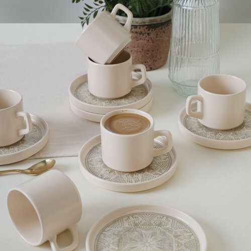 Set de 6 cești din ceramică cu farfurioare BohoBrew 184 ml