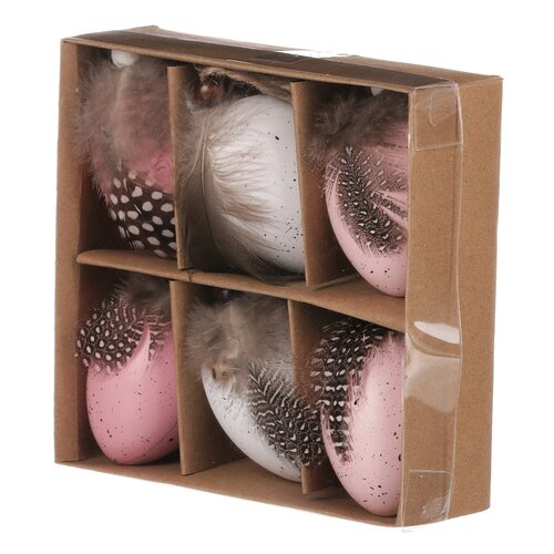 Set of artificial Easter eggs with feathers, pinkand white, 6 pcs