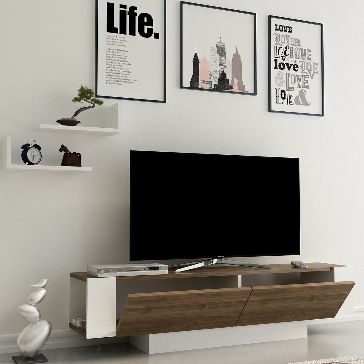 Televízny stolík s poličkami Matera White and Walnut