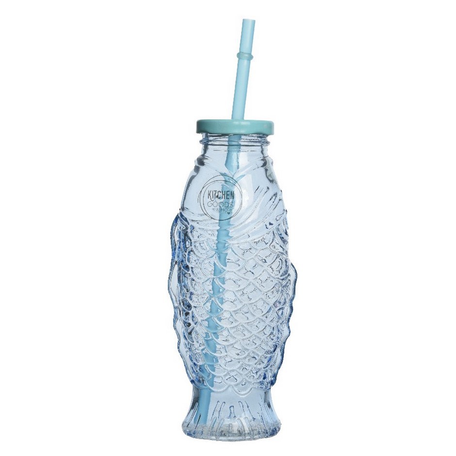 Pohárik so slamkou a viečkom Fish tyrkysová, 19 cm