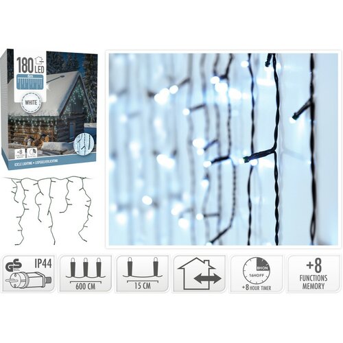 Zunanja veriga Rampouchy 6 m, 180 LED-diod, hladnabela barva, časovnik, IP44
